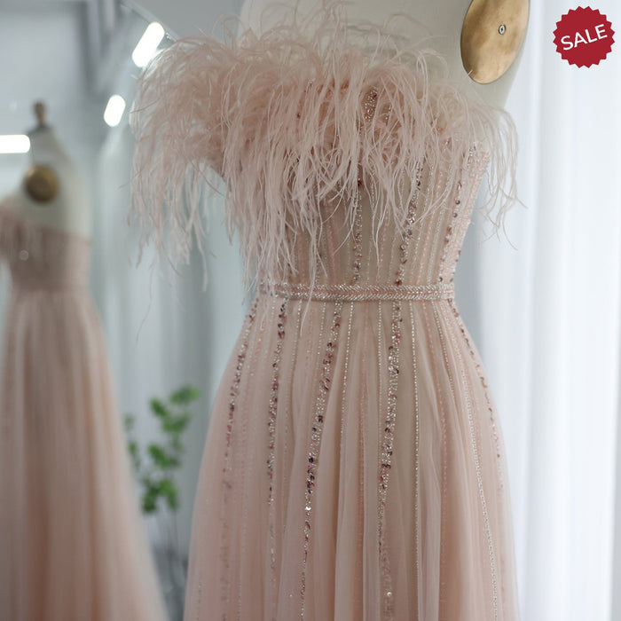 Dreamy Vow Luxury Dubai Black Feathers Evening Dresses for Women Wedding Party Elegant Long Pink Arabic Formal Prom Dress SS401-DreamyVow