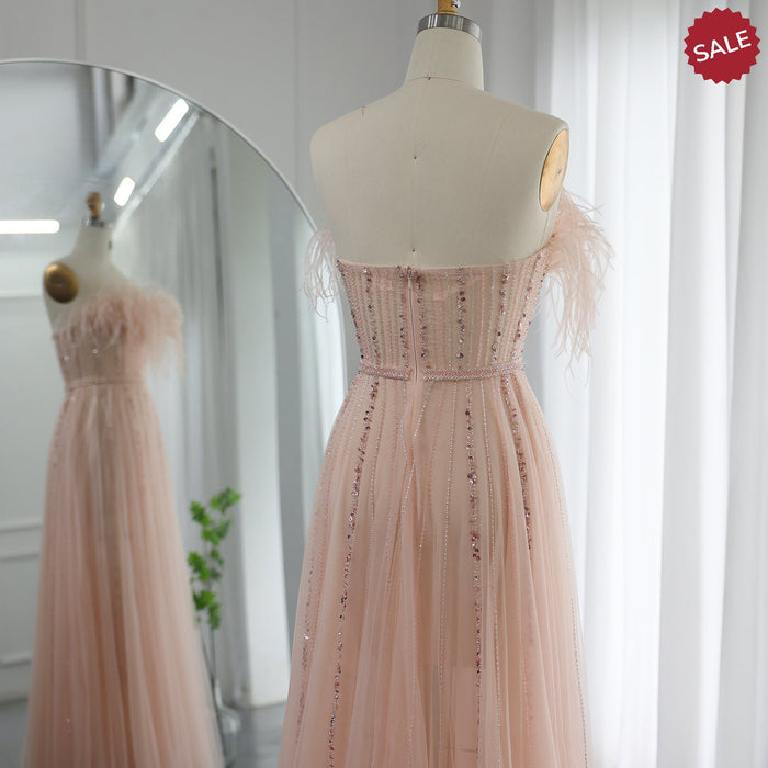 Dreamy Vow Luxury Dubai Black Feathers Evening Dresses for Women Wedding Party Elegant Long Pink Arabic Formal Prom Dress SS401-DreamyVow