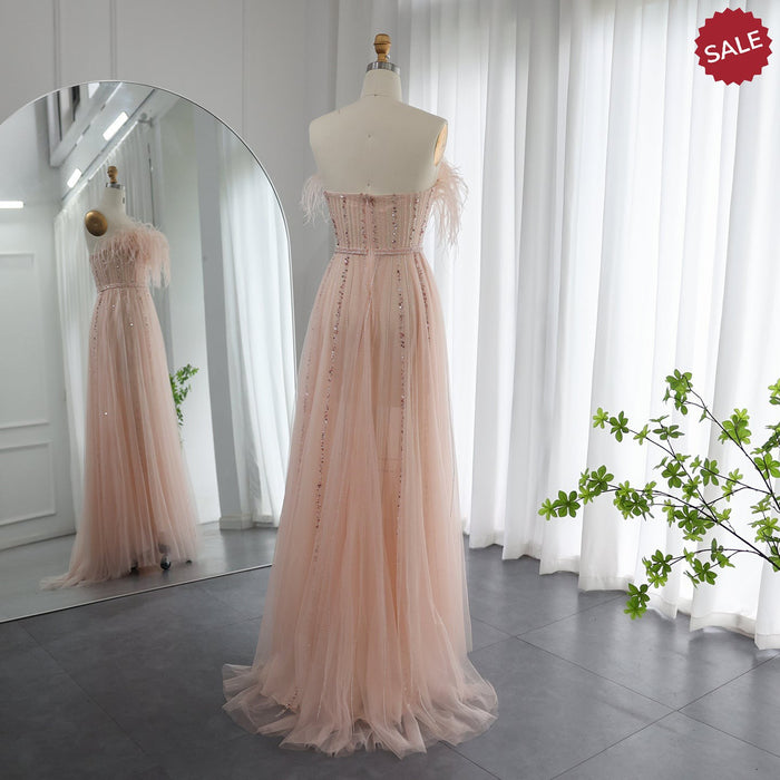 Dreamy Vow Luxury Dubai Black Feathers Evening Dresses for Women Wedding Party Elegant Long Pink Arabic Formal Prom Dress SS401-DreamyVow