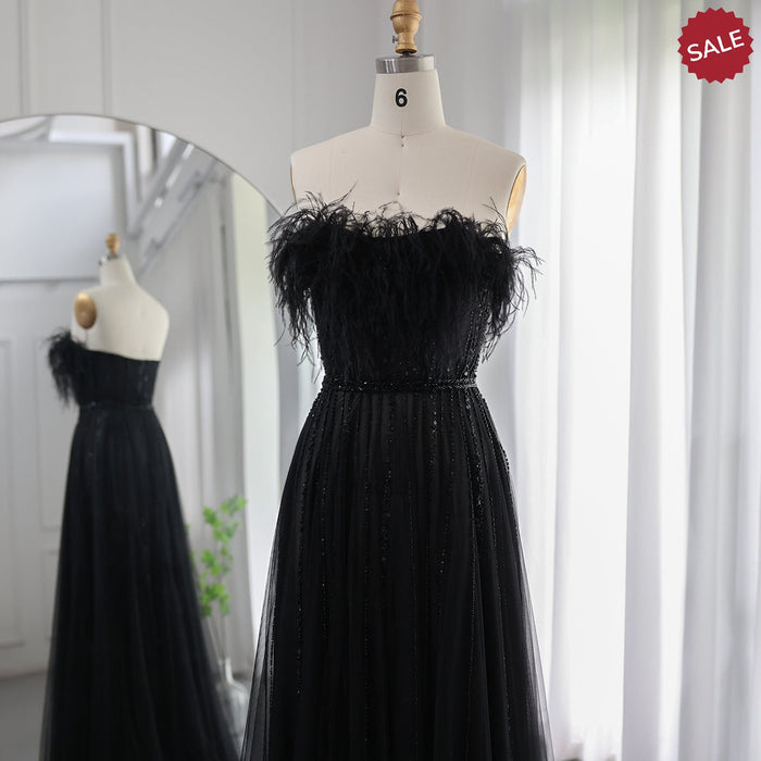Dreamy Vow Luxury Dubai Black Feathers Evening Dresses for Women Wedding Party Elegant Long Pink Arabic Formal Prom Dress SS401-DreamyVow