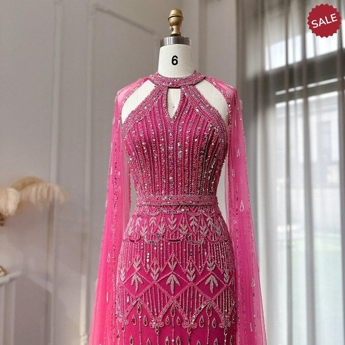 Luxury Dubai Mermaid Pink Evening Dresses with Cape Sleeves SS361