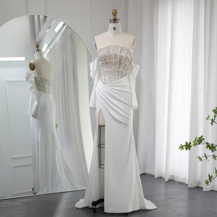 Luxury Dubai Mermaid White Evening Dress Sexy Scalloped SS416