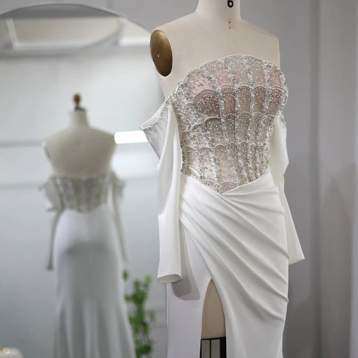 Luxury Dubai Mermaid White Evening Dress Sexy Scalloped SS416