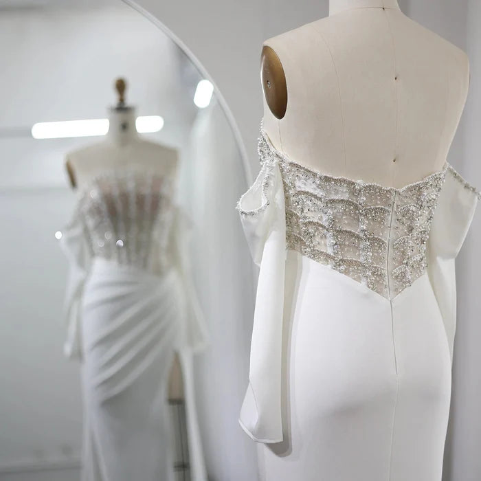 Luxury Dubai Mermaid White Evening Dress Sexy Scalloped SS416