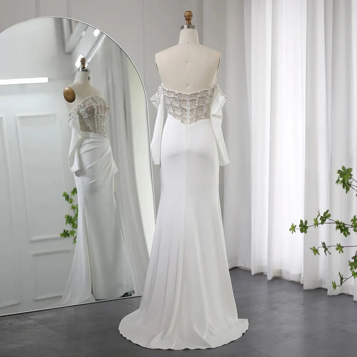 Luxury Dubai Mermaid White Evening Dress Sexy Scalloped SS416