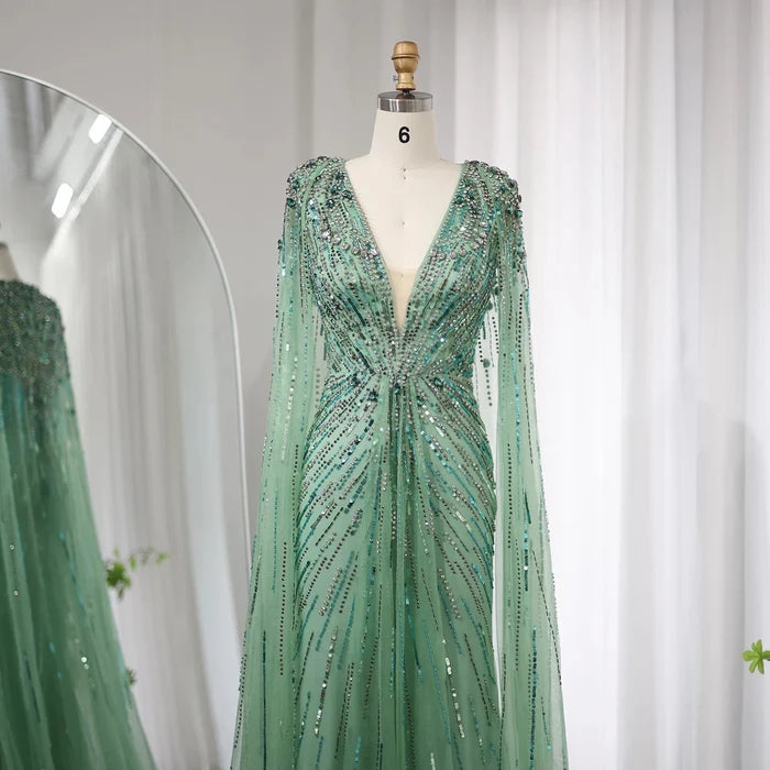 Luxury Dubai Sage Green Evening Dresses with Cape SS399
