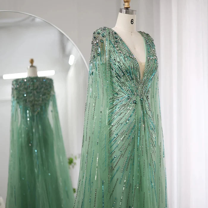 Luxury Dubai Sage Green Evening Dresses with Cape SS399