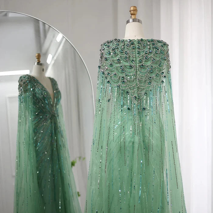 Luxury Dubai Sage Green Evening Dresses with Cape SS399