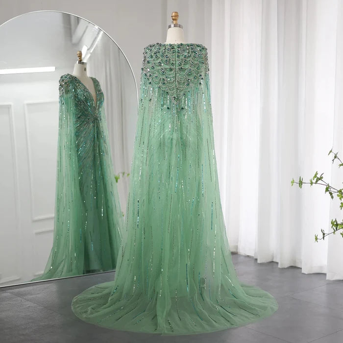 Luxury Dubai Sage Green Evening Dresses with Cape SS399
