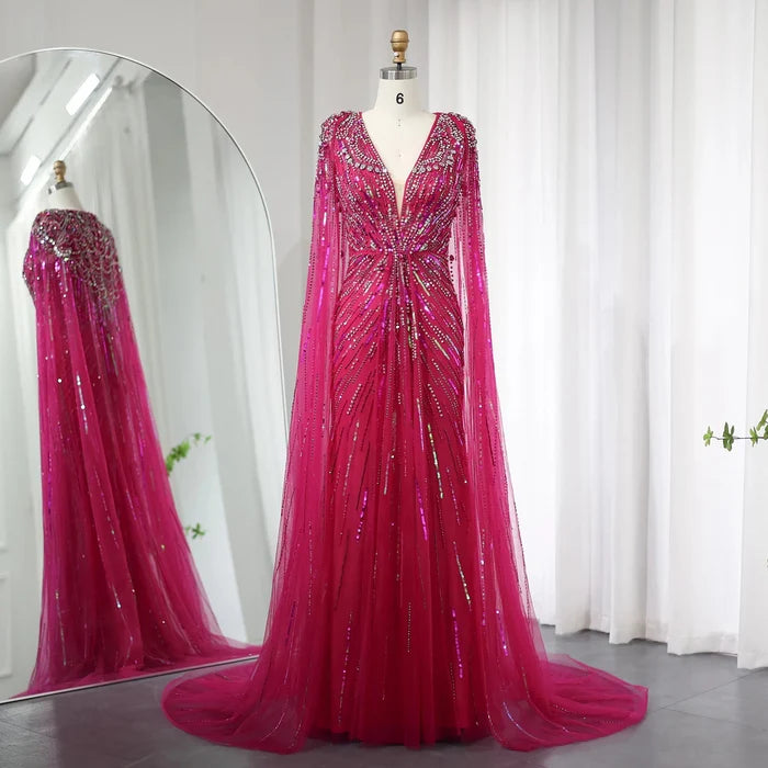 Luxury Dubai Sage Green Evening Dresses with Cape SS399