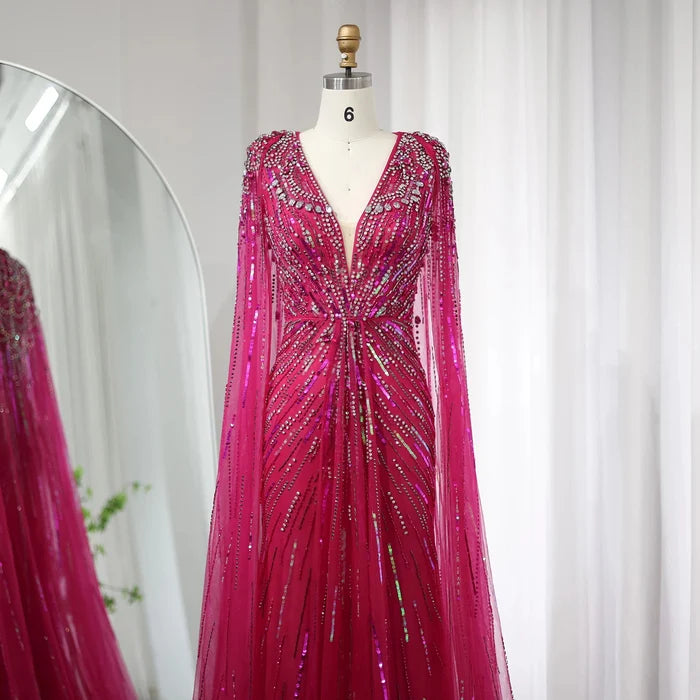Luxury Dubai Sage Green Evening Dresses with Cape SS399