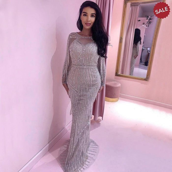 Dreamy Vow Luxury Dubai Tassel Silver Nude Mermaid Evening Dress for Women Wedding Party Long Sleeve African Prom Dresses 214