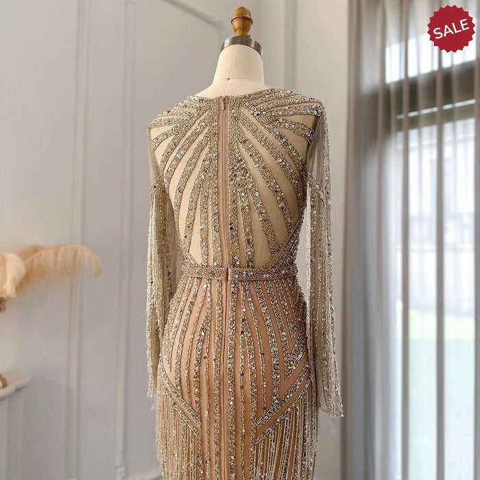 Dreamy Vow Luxury Dubai Tassel Silver Nude Mermaid Evening Dress for Women Wedding Party Long Sleeve African Prom Dresses 214
