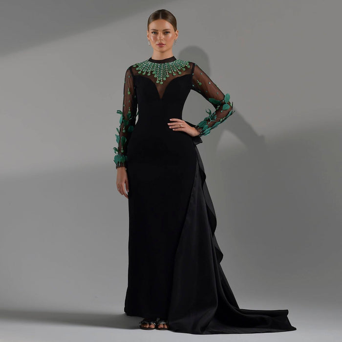 Dreamy Vow Luxury Dubai Emerald Green Feathers Black Evening Dress Long Sleeves Saudi Arabia Women Formal Party Gowns SS457-DreamyVow