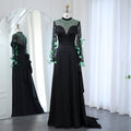 Dreamy Vow Luxury Dubai Emerald Green Feathers Black Evening Dress Long Sleeves Saudi Arabia Women Formal Party Gowns SS457-DreamyVow
