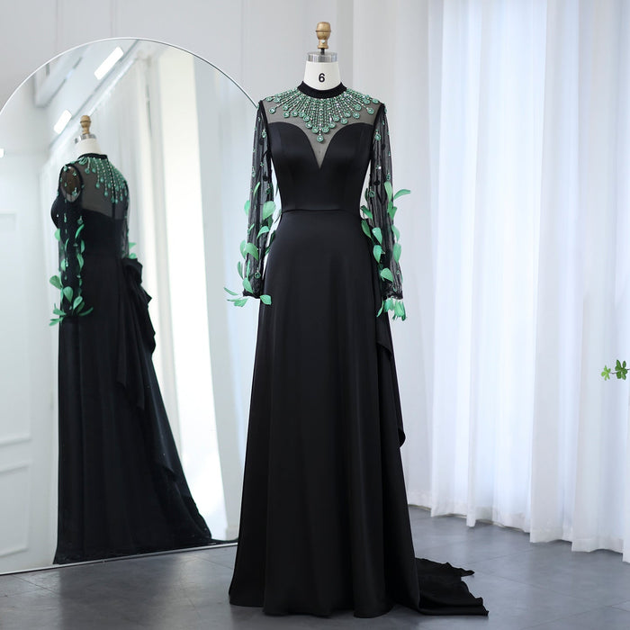 Dreamy Vow Luxury Dubai Emerald Green Feathers Black Evening Dress Long Sleeves Saudi Arabia Women Formal Party Gowns SS457-DreamyVow