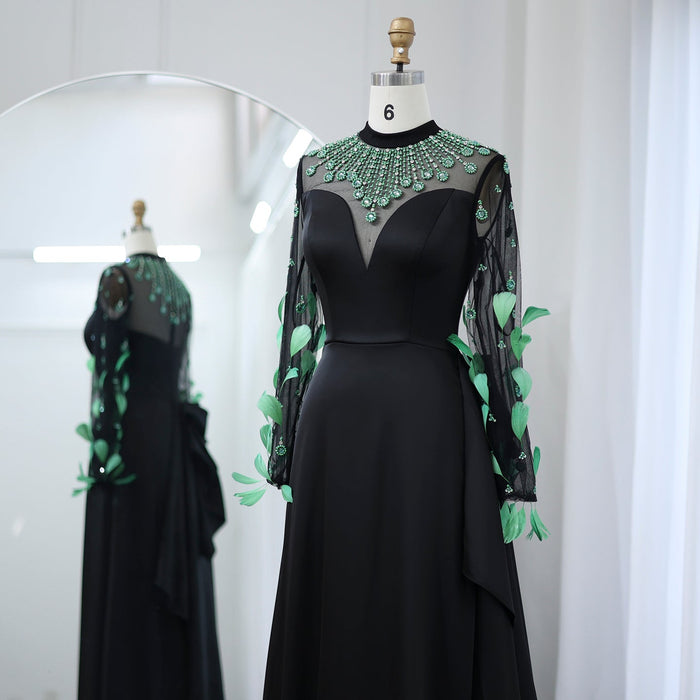 Dreamy Vow Luxury Dubai Emerald Green Feathers Black Evening Dress Long Sleeves Saudi Arabia Women Formal Party Gowns SS457-DreamyVow