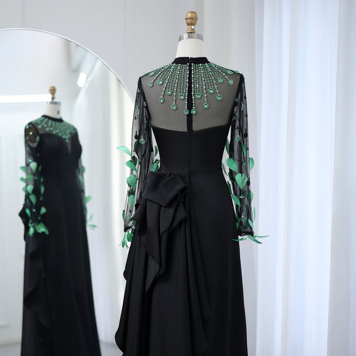 Dreamy Vow Luxury Dubai Emerald Green Feathers Black Evening Dress Long Sleeves Saudi Arabia Women Formal Party Gowns SS457-DreamyVow