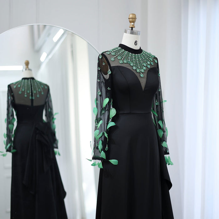Dreamy Vow Luxury Dubai Emerald Green Feathers Black Evening Dress Long Sleeves Saudi Arabia Women Formal Party Gowns SS457-DreamyVow