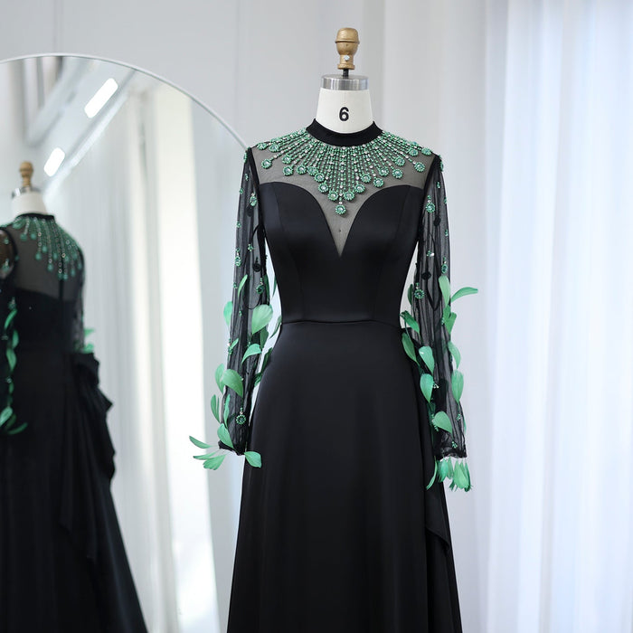Dreamy Vow Luxury Dubai Emerald Green Feathers Black Evening Dress Long Sleeves Saudi Arabia Women Formal Party Gowns SS457-DreamyVow