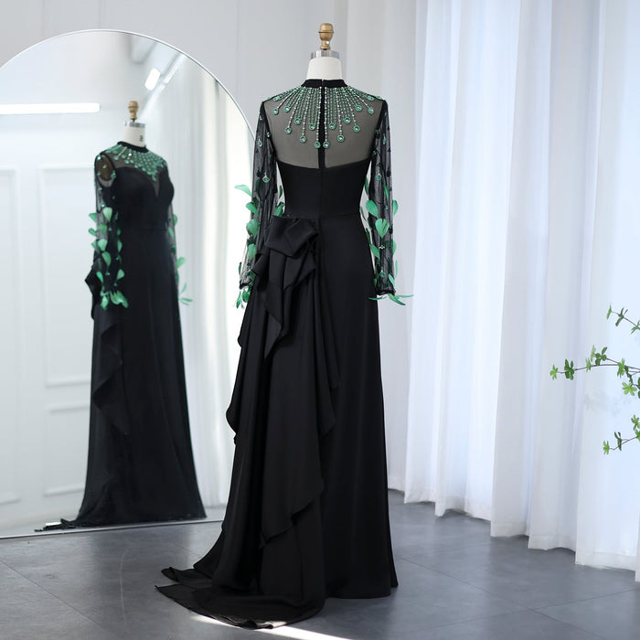 Dreamy Vow Luxury Dubai Emerald Green Feathers Black Evening Dress Long Sleeves Saudi Arabia Women Formal Party Gowns SS457-DreamyVow