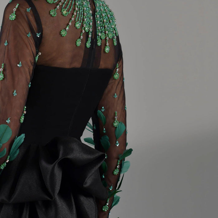 Dreamy Vow Luxury Dubai Emerald Green Feathers Black Evening Dress Long Sleeves Saudi Arabia Women Formal Party Gowns SS457-DreamyVow