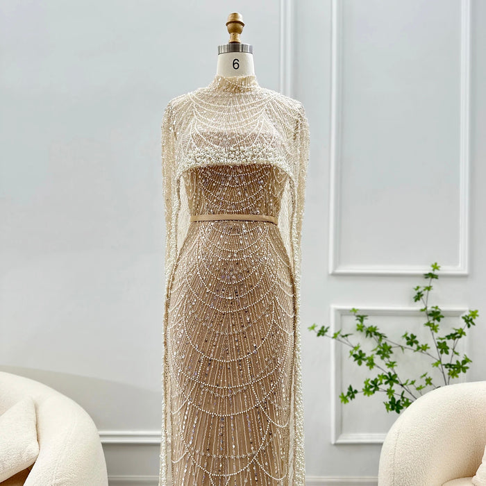 Luxury Pearls Champagne Evening Dresses with Cape SS369
