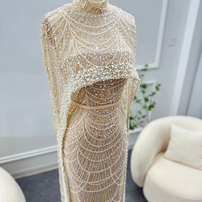 Luxury Pearls Champagne Evening Dresses with Cape SS369