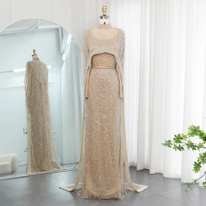 Luxury Pearls Champagne Evening Dresses with Cape SS369
