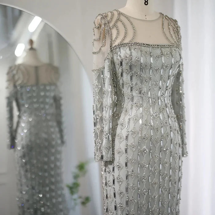 Luxury Sage Green Dubai Evening Dresses Mermaid Muslim Long Sleeves SS398