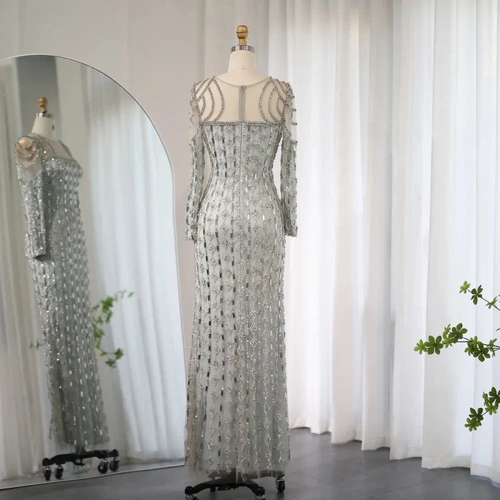 Luxury Sage Green Dubai Evening Dresses Mermaid Muslim Long Sleeves SS398