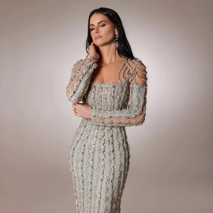 Luxury Sage Green Dubai Evening Dresses Mermaid Muslim Long Sleeves SS398