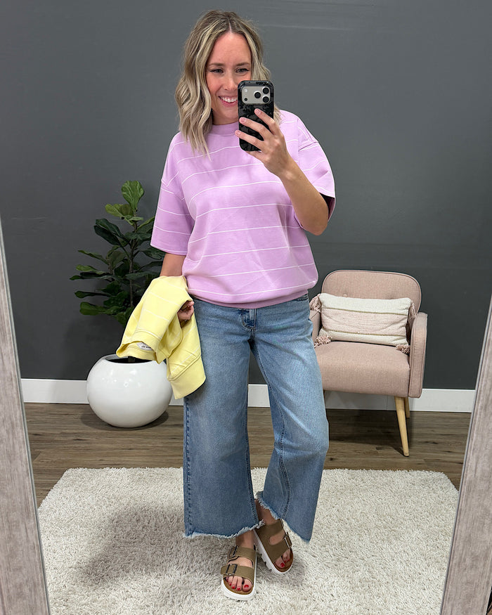 NEW! Macey Scuba Fabric Striped Top - Smoky Navy & Cream Rae Mode
