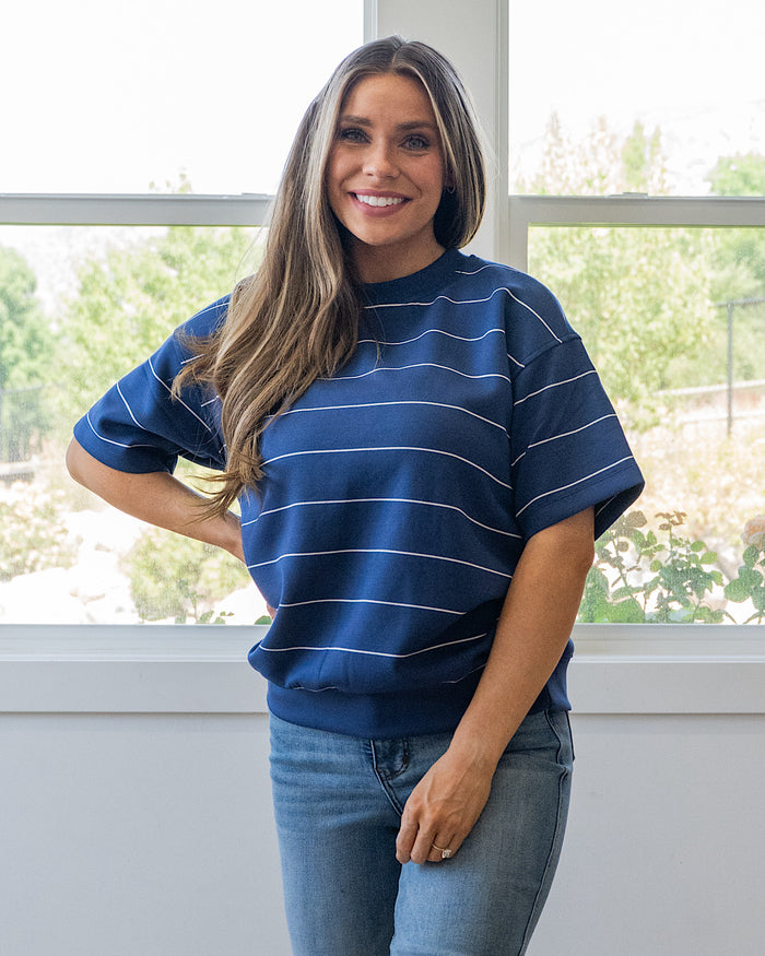 NEW! Macey Scuba Fabric Striped Top - Smoky Navy & Cream Rae Mode