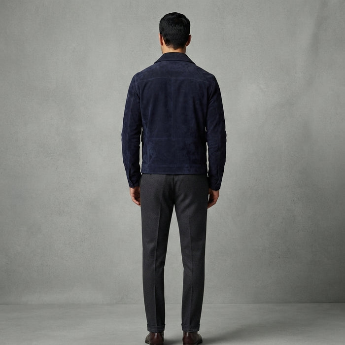 Men Navy Suede Bomber Jacket with Pocket