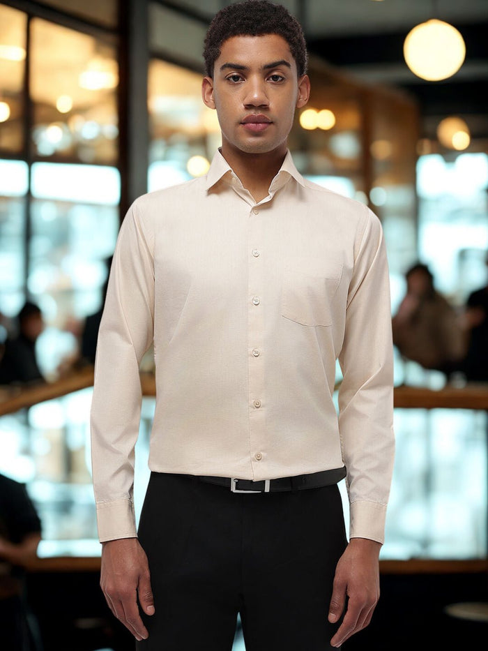 Men Textured Beige Regular Fit Formal Shirt