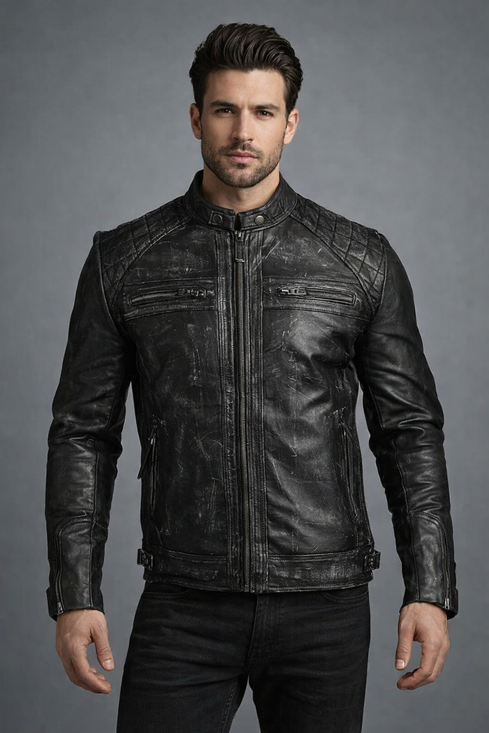 Men's Black Distressed Cafe Racer Leather Jacket
