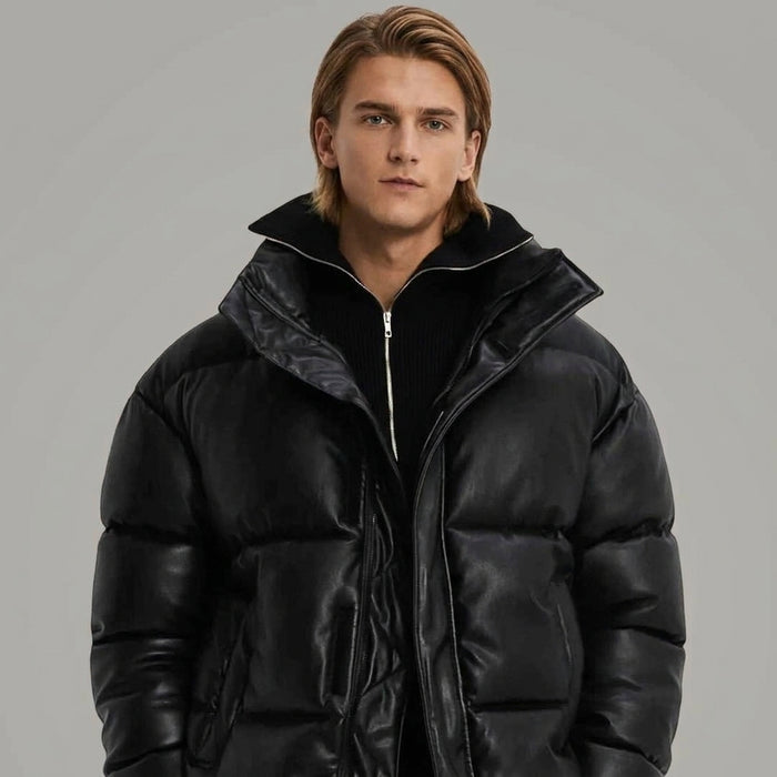 Men’s Black Faux Leather Puffer Jacket – High Neck Winter Coat