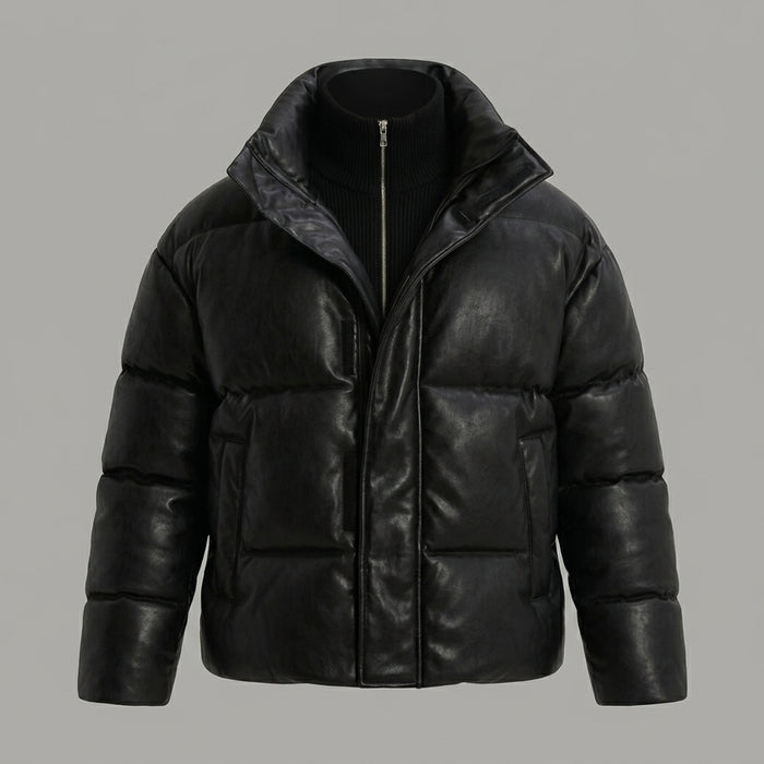 Men’s Black Faux Leather Puffer Jacket – High Neck Winter Coat