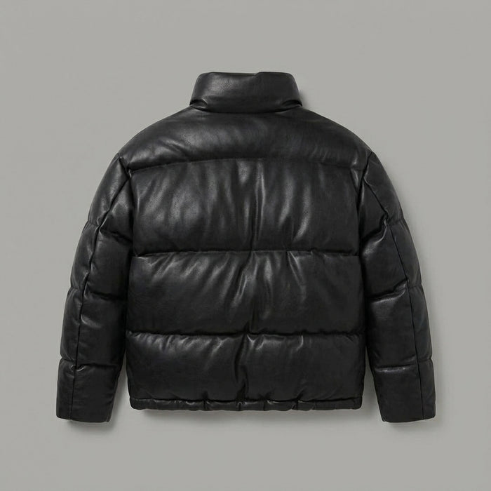 Men’s Black Faux Leather Puffer Jacket – High Neck Winter Coat