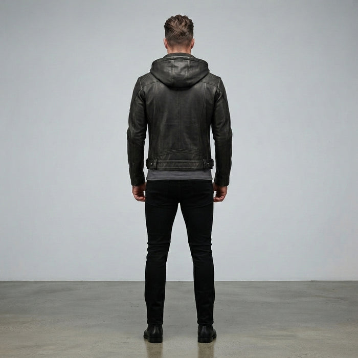 Men's Black Hooded Leather Jacket