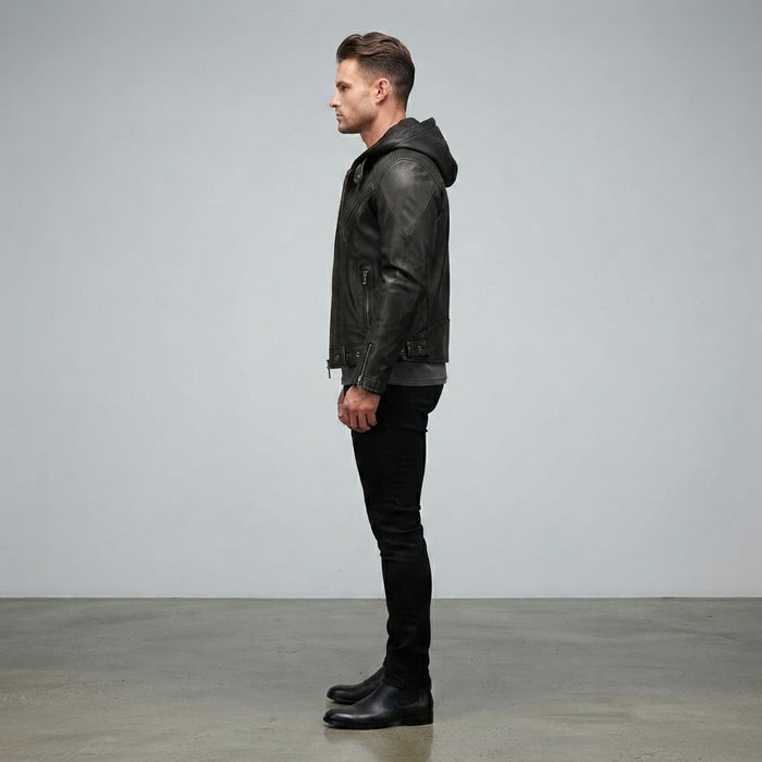 Men's Black Hooded Leather Jacket