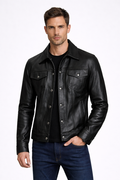Men's Black Leather Trucker Jacket