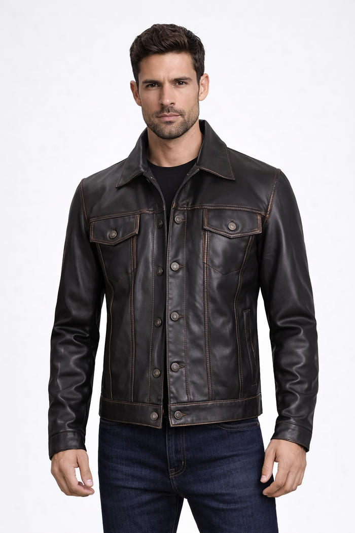 Men's Black Moto Trucker Leather Jacket