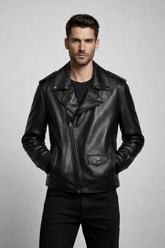 Men's Black Zipper Biker Leather Jacket