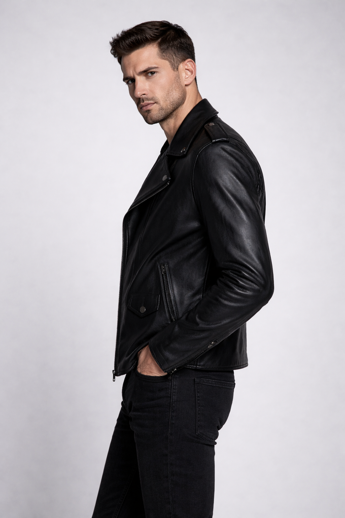 Men's Black Zipper Biker Leather Jacket