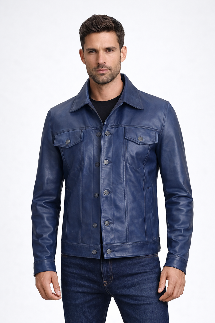 Men's Blue Leather Trucker Jacket