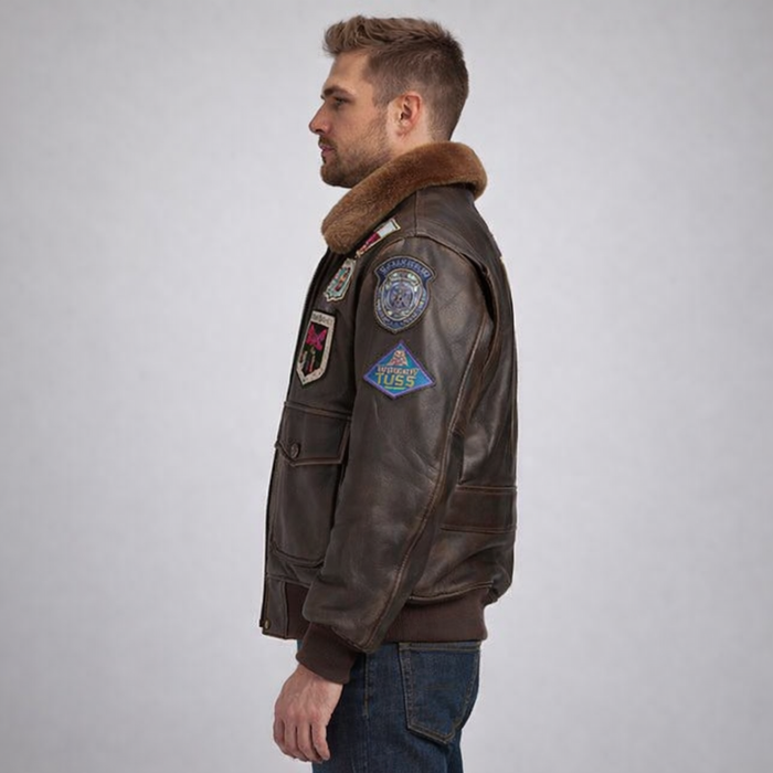Men's Brown Flight Leather Jacket with Patches