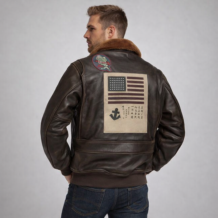 Men's Brown Flight Leather Jacket with Patches