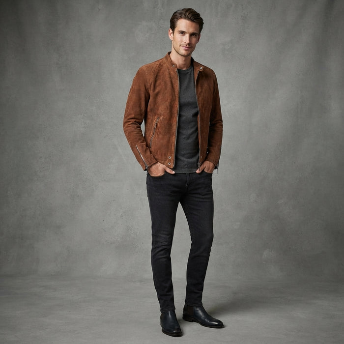 Men's Brown Suede Cafe Racer Jacket